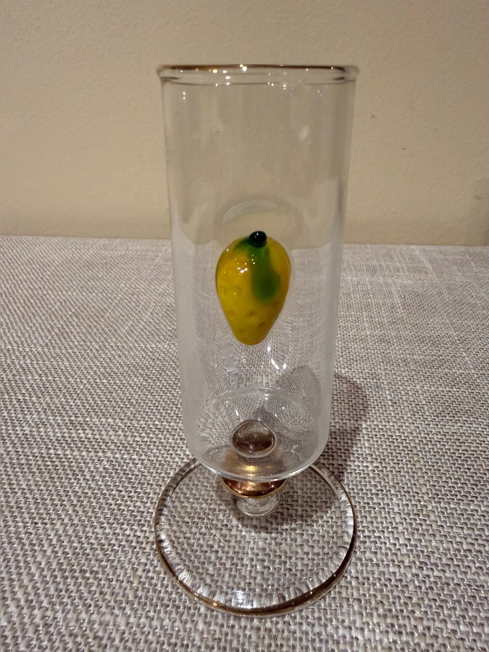 Vintage Art Glass Footed Cordial Glass Lemon Motif Gold Trim 4.5"